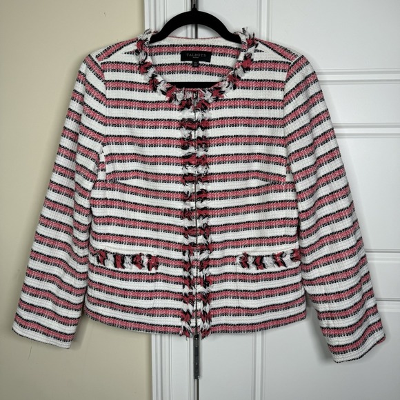 Talbots Jackets & Blazers - Talbots Blazer Womens 10 Petite Red Striped Blounce Tweed Zip Up Fringe Office